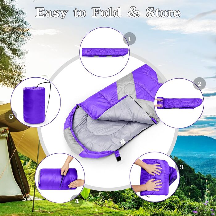 Спальник на 3-4 сезони, для кемпінгу на природі, теплий, одномісний розмір для дорослих, водонепроникний, легкий, надлегкий, для дорослих та дітей, для кемпінгу, походів, подорожей, фіолетовий