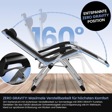 Складаний шезлонг ELONEO з преміальною подушкою, всепогодний шезлонг з вантажопідйомністю 200 кг, надзвичайно широкий садовий стілець, садовий шезлонг з регульованою спинкою, подушкою для шиї та тримачем для напоїв, антрацит