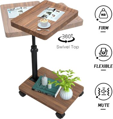 Журнальний столик з колесами Журнальний столик з регульованою висотою (45-80 см) Дерев&39яні жорстокі столики, С-подібної форми, обертаються на 360, з горіховим покриттям Невеликий журнальний столик для вітальні, дивана, кушетки (горіх)