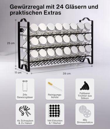 Підставка для спецій Deco haus, настінна та настінна З БАНКАМИ ДЛЯ СПЕЦІЙ ТА ЕТИКЕТКАМИ - Органайзер для спецій - Органайзер для підставок для спецій - Підставка для спецій - Підвісна система підставок для спецій - Зберігання спецій - Банки для спецій з п