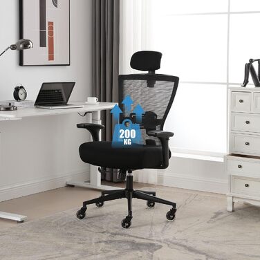 Офісний стілець Bosmiller 200 кг, ергономічний стілець XXL, обертовий стілець з 3D-підлокітниками, регульованим підголівником, крісло керівника, сітчастий офісний стілець, сірий