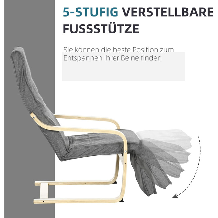 Крісло HOMCOM для вітальні, крісло-реклайнер з підлокітниками з березового дерева, регульована підставка для ніг у 5 положеннях, крісло для читання з лляним виглядом, м&39яке крісло для спальні, сірий колір