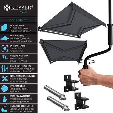 Складаний тент KESSER 300 x 250 см Затискач для тенту для патіо Сонцезахисний тент з настінним кронштейном Сонцезахисний балконний тент Водовідштовхувальний алюміній/поліестер, антрацит 300 x 250 см Антрацит