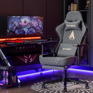 Ігрове крісло Symino - Ергономічне офісне крісло в гоночному стилі, вантажопідйомність 200 кг, регульовані підлокітники, вінтажна штучна шкіра, ігрове крісло з підставкою для ніг (сіре) імітація оленячої шкіри, колір &quotкліш сірий&quot