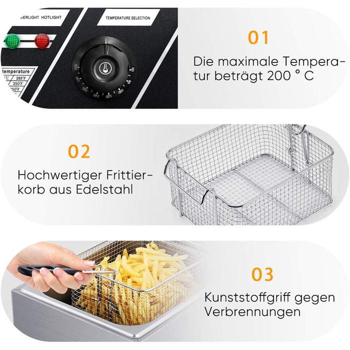 Фритюрниця з нержавіючої сталі 6 л, електрична фритюрниця Комерційна фритюрниця з кошиком для смаження Ручка проти горіння для домашнього харчування Картопля фрі Смажена курка 2200 Вт 44x28.5x28 см