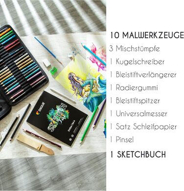 Професійний набір олівців для малювання Zenacolor із 74 предметів, пенал з 24 акварельними олівцями, 12 кольоровими олівцями, 12 металевими олівцями, 12 графітовими олівцями та аксесуарами - 1 альбом для малювання