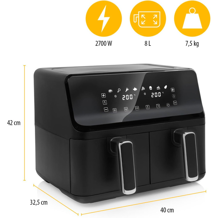 Цифрова фритюрниця Tristar з подвійним кошиком - 2 x 4 л ємність - 2700 Вт - 8 програм - температура регулюється в кожному кошику, чорний