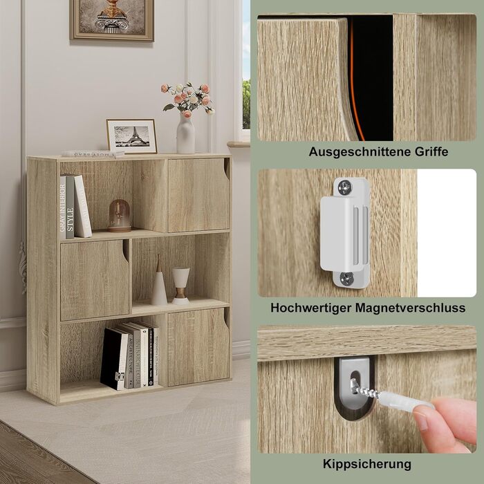 Книжкова полиця eSituro, стояча полиця з 3 дверцятами та 9 відділеннями, кубічна полиця, полиця для дитячого офісу, окремостояча полиця для вітальні, спальні, світлий дуб