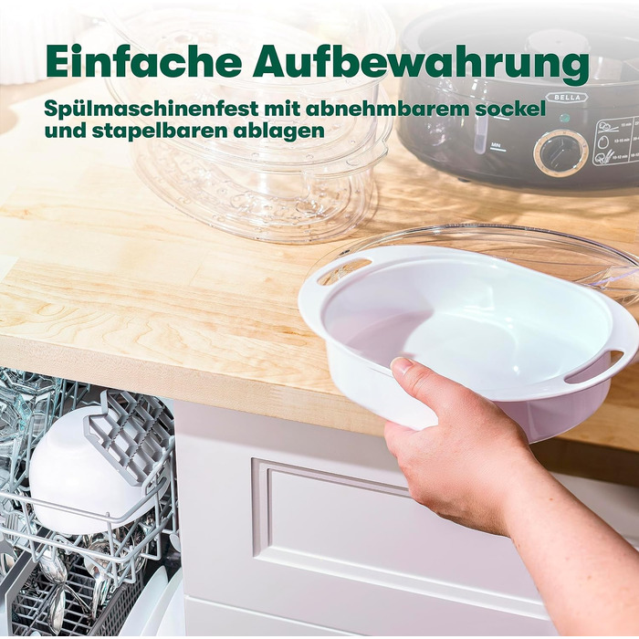 Дворівнева пароварка BELLA зі штабельованими кошиками та знімною основою для швидкого одночасного приготування їжі автоматичне вимкнення та захист від википання, 7 л, чорна дворівнева пароварка чорна