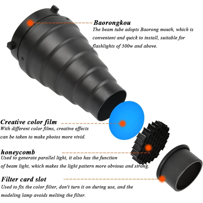Конічний снут REAQUE з алюмінієвого сплаву зі стільниковою сіткою та набором 5 кольорових фільтрів, сумісний із фотоспалахом Bowens Mount Studio Strobe Monolight