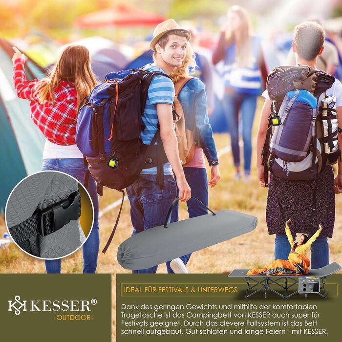 Кемпінгове ліжко KESSER, розкладне розкладане ліжечко, шезлонг для кемпінгу, включаючи сумку для перенесення, кемпінговий ліхтарик бічна кишеня, міцне ліжечко, вантажопідйомність 250 кг, металева труба, тканина Оксфорд 600D, портативне, сірий колір, 210 с