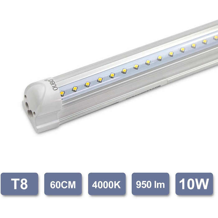 За спеціальною ціною Світлодіодна люмінесцентна лампа з розеткою в комплекті, 60 см. Світлодіодна трубка T8, люмінесцентна лампа, 10 Вт, 1350 люмен, натуральний білий 4000K, прозора кришка, 4 шт.