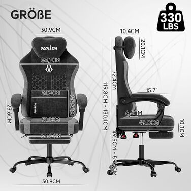 Ігрове крісло SUKIDA, ергономічне робоче крісло з підставкою для ніг, підголівником та поперековою подушкою, робоче крісло з високоякісною тканинною поверхнею - чорне