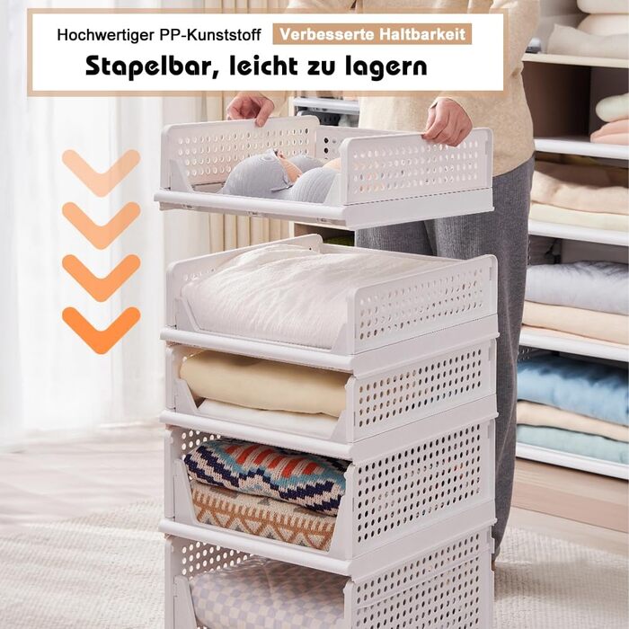 Набір із 5 високих ящиків для зберігання, білі штабелювані органайзери для гардеробу, складні полиці для зберігання, штабелювані ящики для шафи, пластикові ящики для зберігання 42 x 33 x 25 см, 5 шт. XL