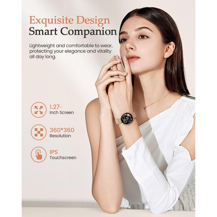 Жіночий смарт-годинник, 1,27-дюймовий HD фітнес-годинник з функцією телефону, відстеження менструального циклу, понад 120 спортивних режимів, 24-годинний монітор серцевого ритму, 24-годинний монітор SpO2, монітор сну, калорії, фітнес-трекер, IP68, сумісни