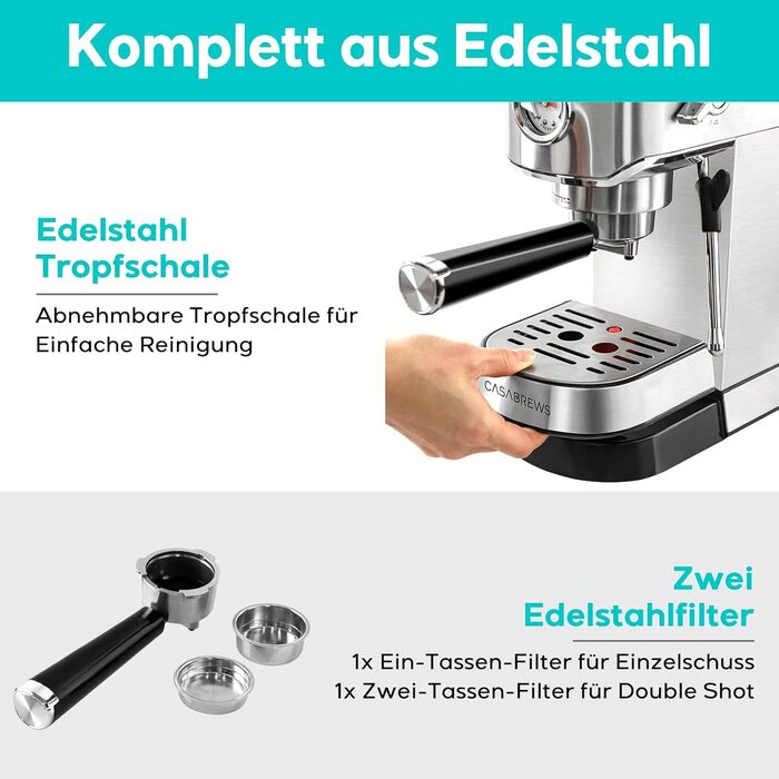 Еспресо-кавоварка з портовим фільтром 20 бар, еспресо-кавоварка з нержавіючої сталі з професійною капучинатором, маленька еспресо-