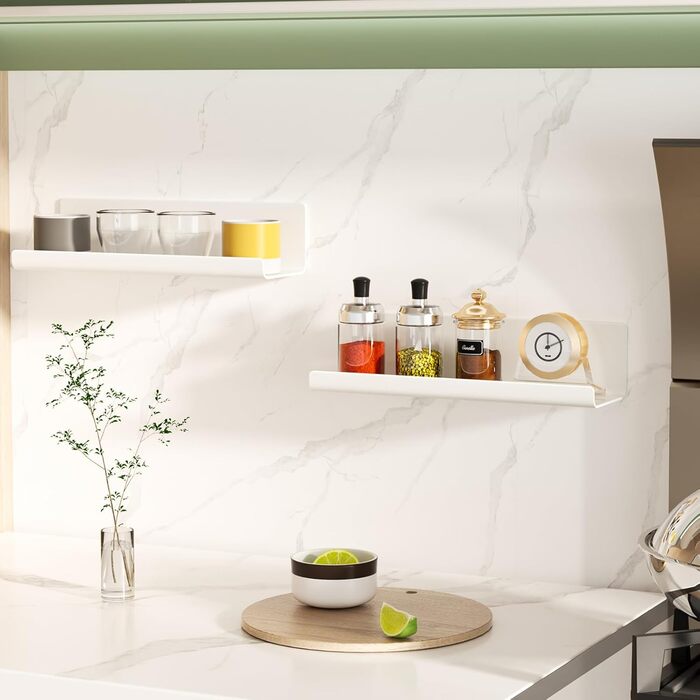 Комплект із 4 настінних полиць, не потребує свердління, клейкі полиці 32 см, плаваючі полиці, декоративні настінні полиці для вітальні, спальні, ванної кімнати, кухні, самоклеючі, пластикові, білі, 4 шт. в упаковці