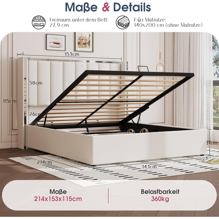 М&39яке ліжко з ящиком для зберігання речей, узголів&39ям заввишки 115 см, місцем для зберігання речей, функцією підйому та хромованим дизайном, каркас з масиву дерева оксамит (кремово-білий, 140 x 200 см) 140 x 200 см Бежевий