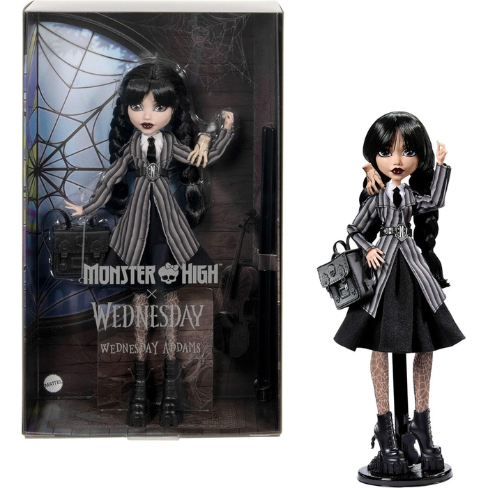 Лялька Monster High Wednesday та аксесуари, колекційна фігурка Wednesday Addams у формі Академії Nevermore з крижаною рукою та рюкзаком, підставка для ляльки, HJ04 Різнокольорова