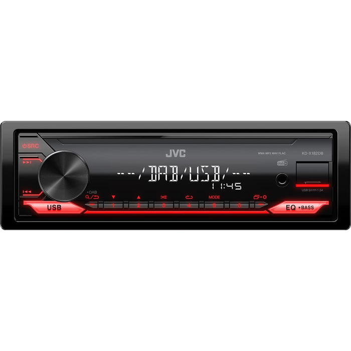 Автомагнітола JVC KD-X182DB з DAB (USB, AUX-вхід, 1 x Pre-Out 2,5 В, звуковий процесор, 4x50 Вт, червоне підсвічування), чорний