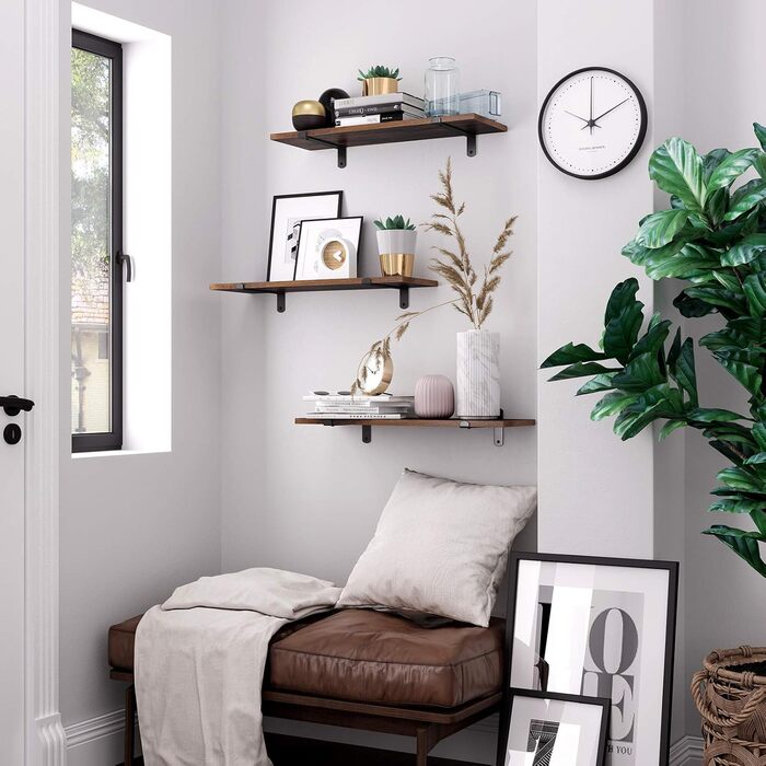 Настінні полиці SONGMICS, 2 шт., плаваючі, декоративні, ретро-стиль, максимальне навантаження 15 кг/шт., 60 x 20 x 7 см, МДФ, коричнево-чорні LWS04NB