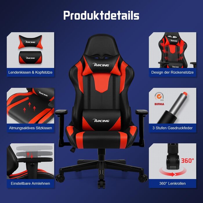 Геймерське крісло, ергономічне офісне крісло з регульованою поперековою опорою, підголівником та підлокітниками, м&39яке ігрове крісло, функція гойдання, вантажопідйомність 150 кг, червоне