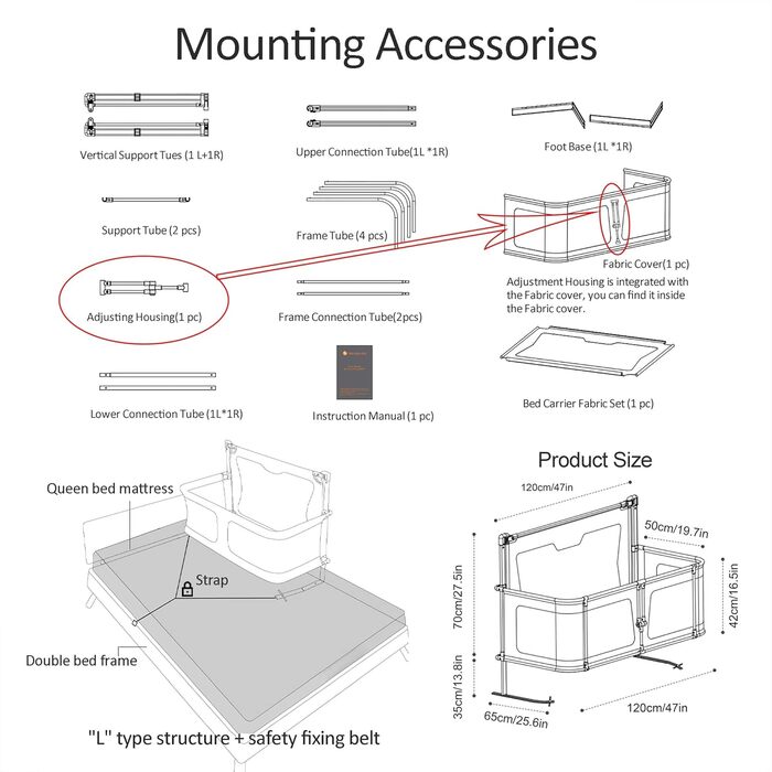 Дитяче ліжко 3-в-1, 120x50 см, дитяча колиска, дитяче ліжечко-манеж, дитяче ліжко-манеж, пружинне ліжко-бокс біля ліжка, з аксесуарами, які можна розмістити на ліжку (колір кремово-білий)