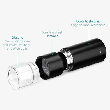Чайна пляшка Navaris з нержавіючої сталі та скла з ситечком - пляшка для чаю 300 мл, чайник на винос - кухоль для чаю, пляшка для пиття, чайник для заварювання чаю з боросилікатного скла