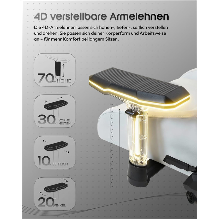 Ігрове крісло Dowinx з 4D підлокітниками та функцією гойдання 15, регульоване масажне ігрове крісло 165, ергономічне ігрове крісло, гоночний дизайн для геймерів та кіберспорту, вантажопідйомність 135 кг, білий колір