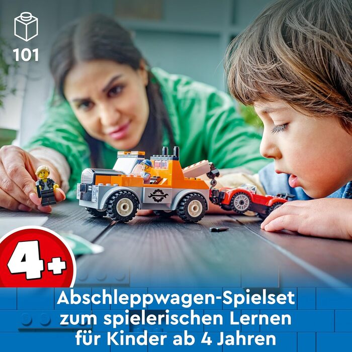 Евакуатор LEGO City зі спортивним автомобілем, іграшкова машинка для хлопчиків та дівчаток віком від 4 років, подарунок на день народження для дітей, іграшкова вантажівка з 2 мініфігурками та аксесуарами, такими як кохлеарний імплантат 60435