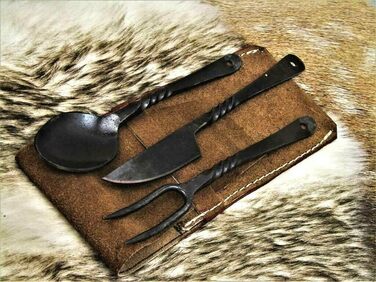 Середньовічний набір столових приборів, кована сталь ручної роботи, ніж, виделка, ложка 4261