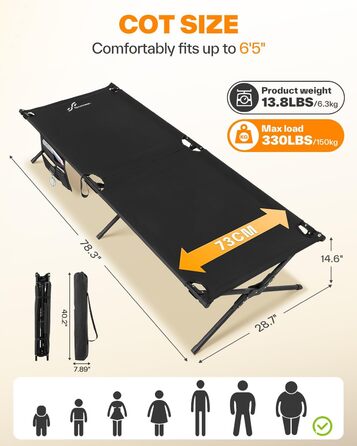 Розкладне ліжечко Sportneer 199 x 73 см, складне кемпінгове ліжко, складне гостьове ліжко для кемпінгу, походів, подорожей на природі, пляжу, саду на свіжому повітрі, використання в приміщенні, чорне