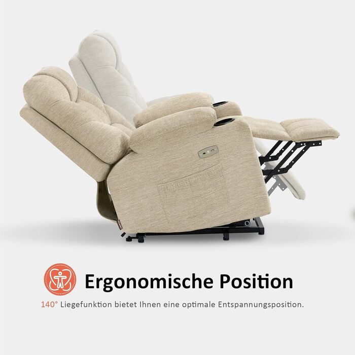 Електричне крісло для телевізора з підйомником, крісло-реклайнер з підйомником, крісло-реклайнер з функцією розкладання на 140, крісло для літніх людей для вітальні, з USB 7286 (бежева тканина)