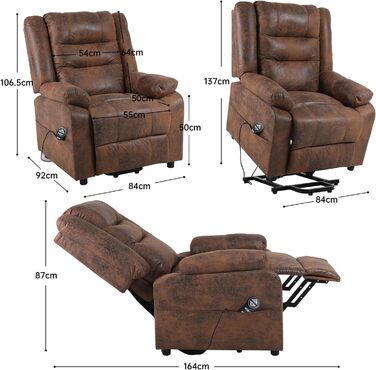 Електричне крісло-реклайнер, крісло для телевізора, масажне крісло з підйомником, підігрів, функція відкидання, флокована шкіра (коричневого кольору)