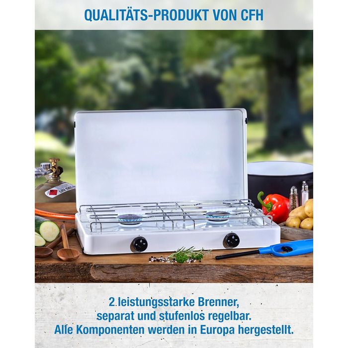 Двоконфорочна газова плита CFH Capri ZK 421 кемпінгова газова плита з регулятором тиску газу 50 мбар та газовим шлангом 80 см, потужність 3,8 кВт, витрата 277 г/год, знімна кришка та хромована решітка, зроблено в Європі