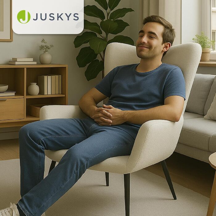 Крісло-підлокото Juskys Odense без пуфа, реклайнер з тканиною букле, скандинавський стиль, висока спинка та оббивка, сталевий каркас бежевий букле - бежевий без пуфа