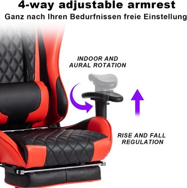 Ергономічне ігрове крісло, повністю регульоване з підлокітниками, підставкою для ніг, підголівником, спинкою та подушкою функція нахилу максимальний комфорт для геймерів та офісних працівників. З підставкою для ніг, червоного кольору.