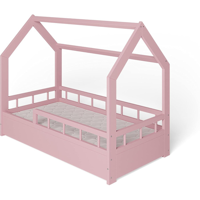 Дитяче ліжко ms factory house 70x140 см із захистом від падіння та рейковою основою - односпальне ліжко з соснової деревини для дівчаток та хлопчиків - Pink Pink Half Bed 70 x 140 см