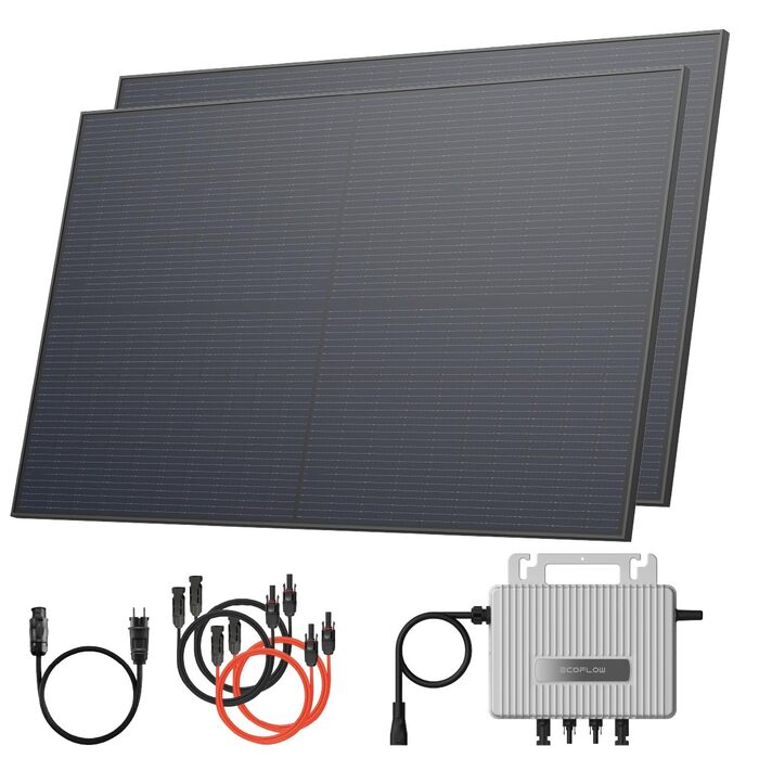 Електростанція Solarway 1000 Вт / 800 Вт для балкону в комплекті з розеткою - Найновіший інвертор EcoFlow Stream 800 Вт - Повний комплект сонячної системи - Двосторонні чорні сонячні панелі 500 Вт та EcoFlow з аксесуарами (без місця для зберігання, без мо