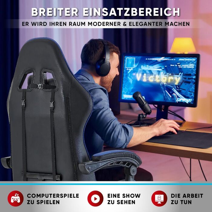 Ігрове крісло Walden Ергономічне офісне крісло Ігрове крісло Спинка сидіння Регульована висота поворотного крісла Гоночне офісне комп&39ютерне ергономічне крісло для відеоігор (СИНІЙ)