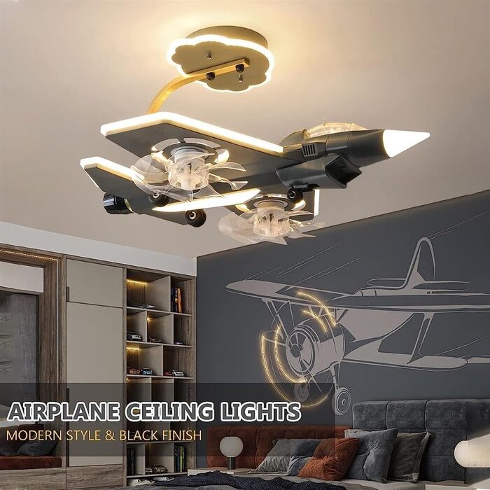 Тихий вентилятор лампа мультфільм літак стельові вентилятори з легким вертольотом модель світлодіодна регульована 6 швидкість вітр