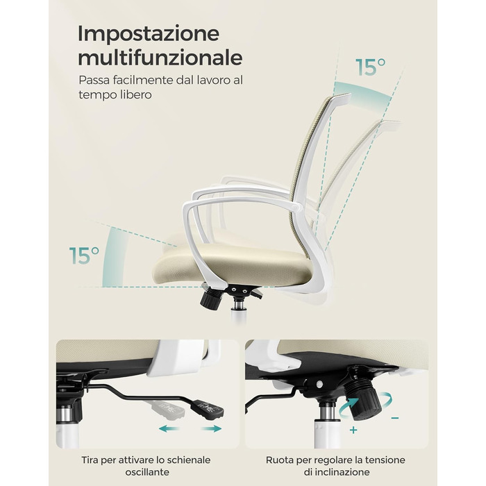 Офісний стілець SONGMICS, стілець для роботи з сітчастою оббивкою, комп&39ютерний стілець з регульованою висотою, обертовий стілець, функція гойдання, повітропроникний, офісний, кабінетний, вантажопідйомність до 120 кг, колір капучино бежевий OBN022K01 ко