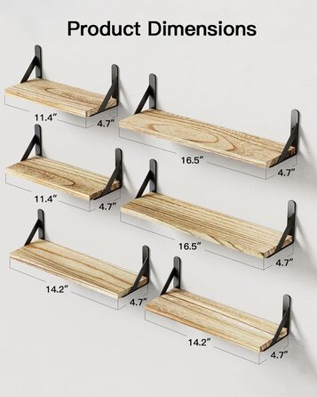 Комплект настінних полиць Pipishell із 6 предметів, дерево та метал, полиці для зберігання, максимальне навантаження 18 кг, для вітальні, спальні, офісу, ванної кімнати або кухні, коричневий