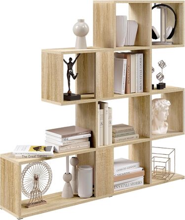 Рівнева книжкова полиця, полиця-перегородка кімнати з 11 відкритими відділеннями, окремостояча полиця для сходів, полиця-ступінь, для вітальні, спальні, офісу, 115x109,5x19,5 см, світлий дуб, 4-