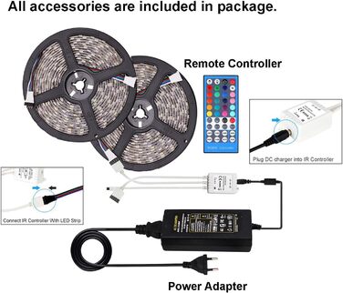 Комплект світлодіодних стрічок, 10-метрова світлодіодна стрічка XUNATA RGBWW 5050 600Leds водонепроникна світлодіодна стрічка з 40 клавішами ІЧ-пульт дистанційного керування 12 В постійного струму для прикраси автомобіля на різдвяну кухню, вечірку (RGBтеп