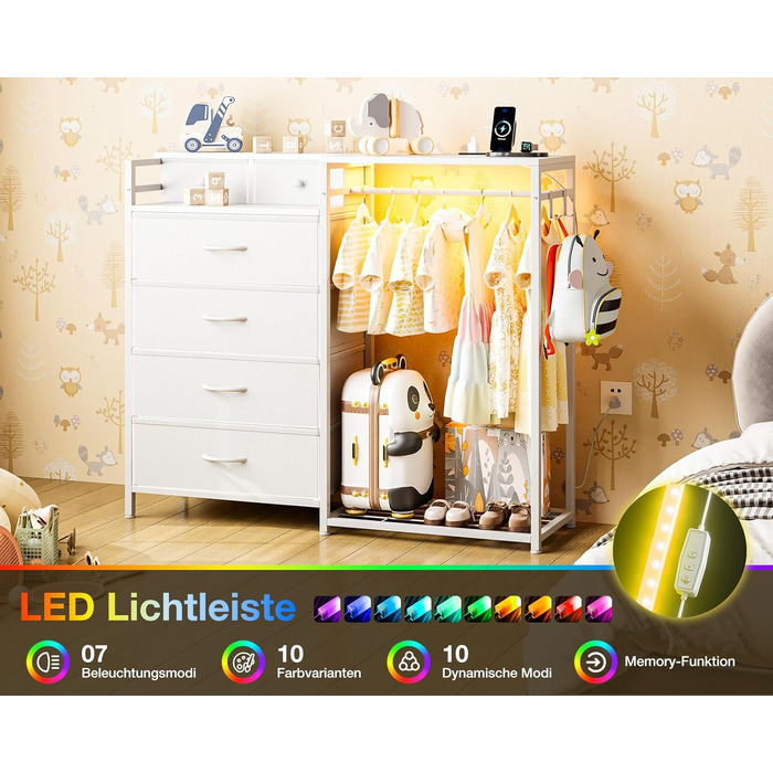 Комод Coleshome з вішалкою для одягу, світлодіодним освітленням та розеткою, двосторонній дизайн з 6 шухлядами, тканинний комод для спальні та вітальні, 110 x 30 x 106 см, білий