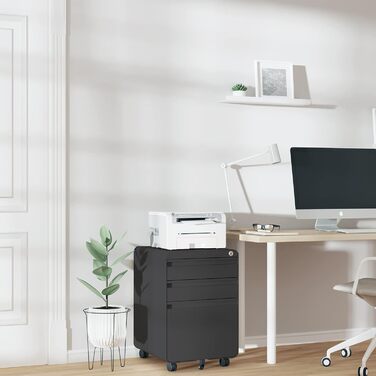 Металевий контейнер на колесах Dripex, сталевий контейнер на колесах з 3 шухлядами та підвісною системою для документів, офісна шафа, що замикається, офісний контейнер, 5 коліс, шафа для документів, 40 x 45 x 60 см, чорний, 40 x 45 x 60 см