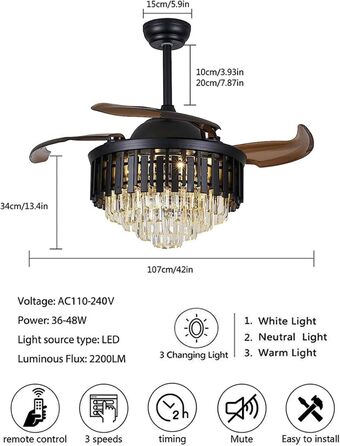 Тиха лампа вентилятора Розкішний кришталевий стельовий вентилятор зі світлом Висувні лопаті люстра вентилятор лампа з пультом дист