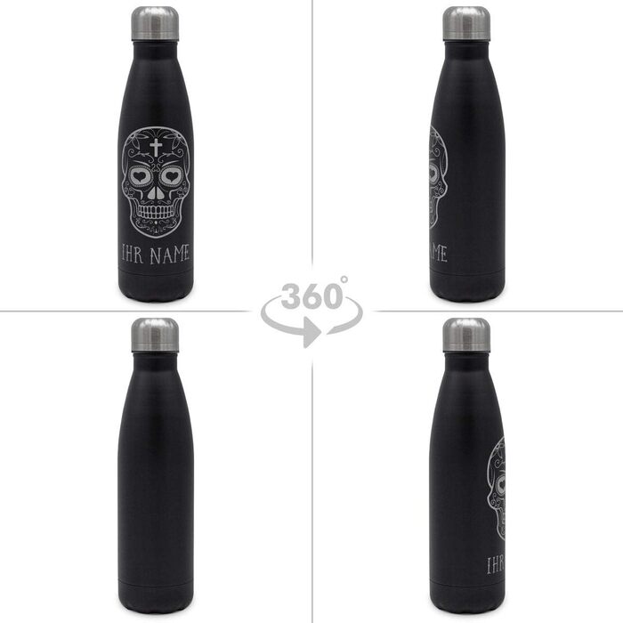Термопляшка для води з гравіюванням тексту або імені - Термопляшка з нержавіючої сталі з гравіюванням, 500 мл - Чорна - Виберіть дизайн 500 мл Череп