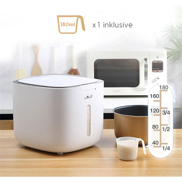 Контейнер для зберігання зерна Yum Asia (5 літрів) Білий із сірим обідком Безпечні матеріали ABS Зберігає рис, зерно, борошно, макарони, горіхи, боби тощо Подвійне закриття Штабелюється